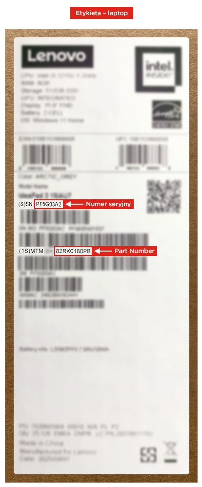 Etykieta z numerem seryjnym laptopa Lenovo